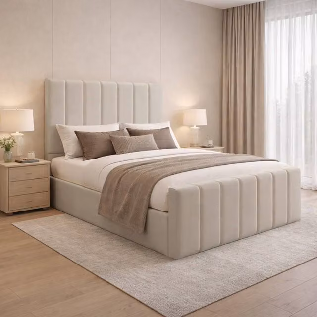 Desire Deco Eleanor Upholstered Storage Bed Frame with Lift Up Base in Light Beige, W/D/H: 90 x 190 cm (Single) – 1