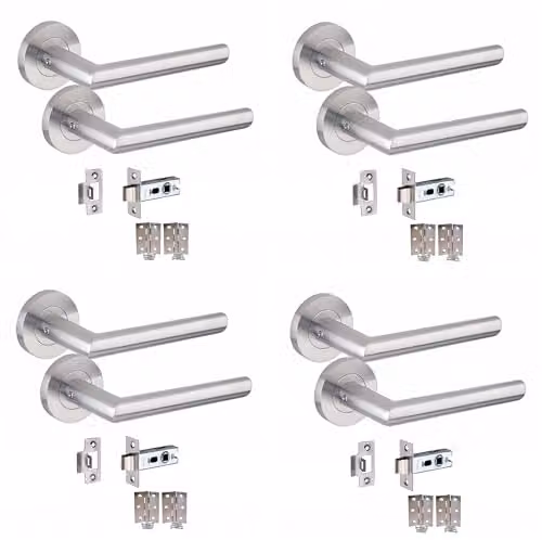 Golden Grace Mitred Lever Door Handles on Round Rose in Brushed Silver Finish