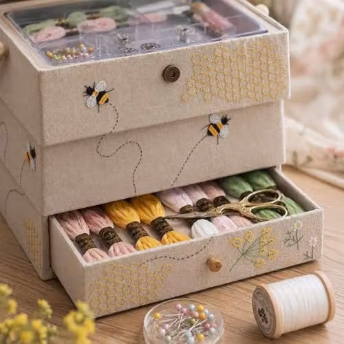 Hobby Gift Bee Hive Novelty Sewing and Craft Storage Box with Drawer in Yellow and Beige, W: 29.5 cm, D: 29.0 cm, H: 24.0 cm – 2