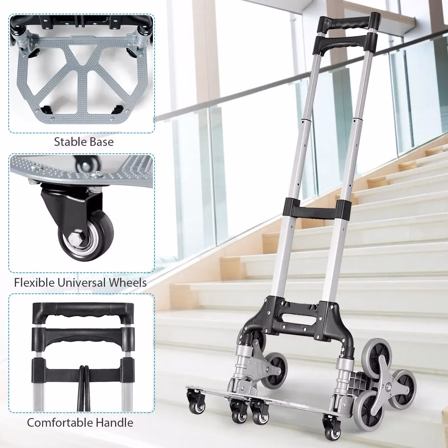 Costway Heavy Duty Foldable Aluminium Stair Climbing Hand Sack Truck Trolley, Silver, 80kg Capacity – 2