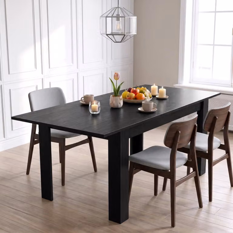 DHS Milo Extendable Rectangular Dining Table in Black Wood with Butterfly Leaf