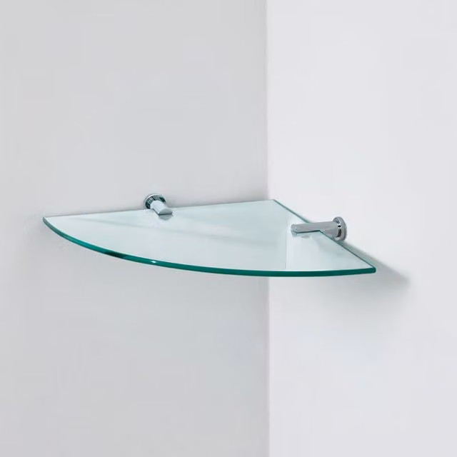 Showerdrape Infinity Wall Mounted Corner Vanity Shelf in Silver and Transparent Glass