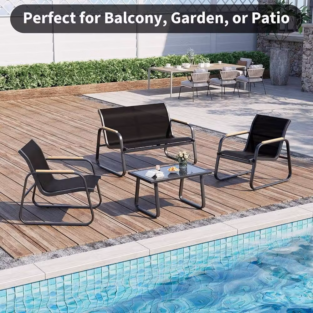 London Boutique 4-Piece Black Garden Furniture Set with Coffee Table, 2 Armchairs and Loveseat – 5
