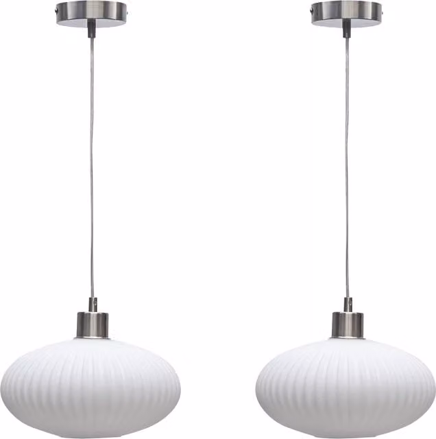 First Choice Lighting Set of 2 Baton Suspended Pendant Lights with White Ribbed Oval Glass and Silver Satin Nickel Finish