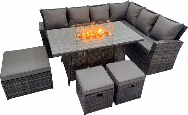 Fimous 9-Seater Rattan High-Back Gas Fire Pit Corner Sofa Set in Dark Grey Mixed