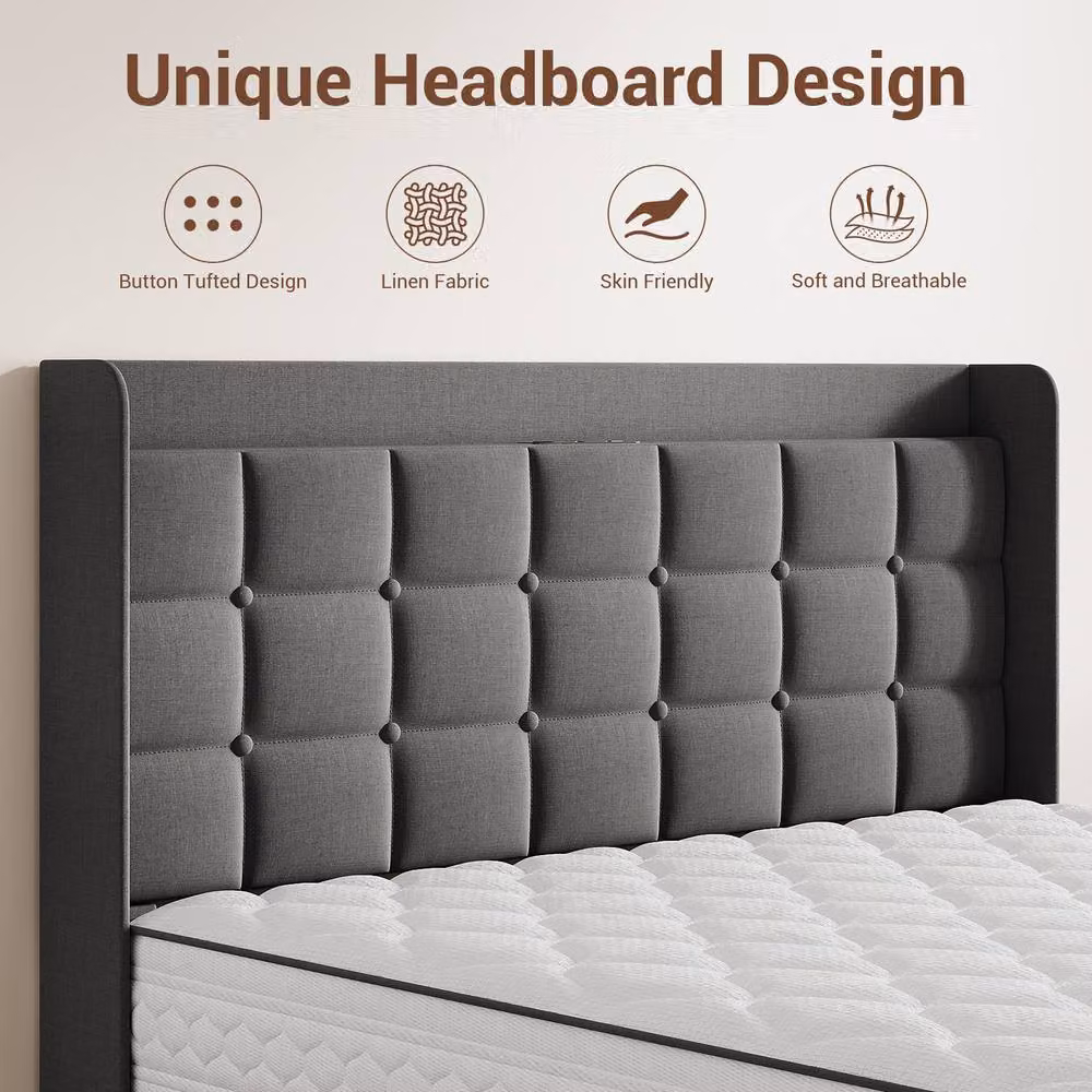 Dprodo Grey Linen Upholstered Bed Frame with Tufted Headboard, USB Charging Port and Bedside Shelf, W/D/H: 90 x 200 cm – 6