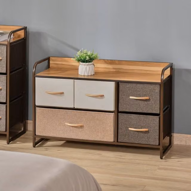 STILVORA 5-Drawer Chest with Metal Frame and Wood-Effect Top in Beige