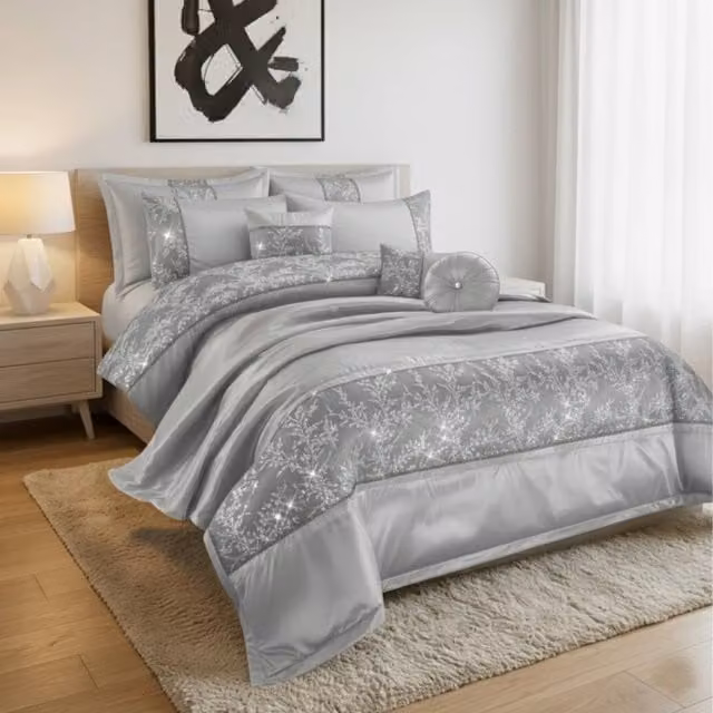 Snug City Silver Floral Embroidered Luxury Duvet Cover Set with Matching Accessories, W: 140 cm, L: 200 cm