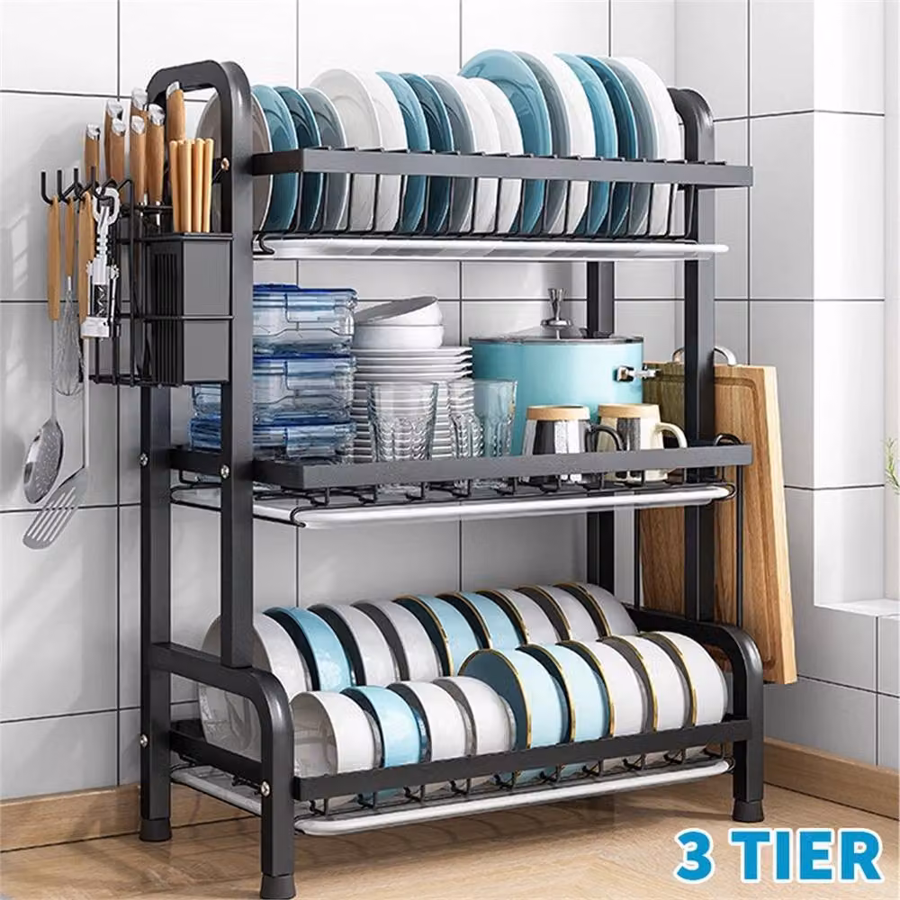 VOGREX 3 Tier Kitchen Sink Dish Rack with Drip Tray and Cutlery Holder in Black – 3