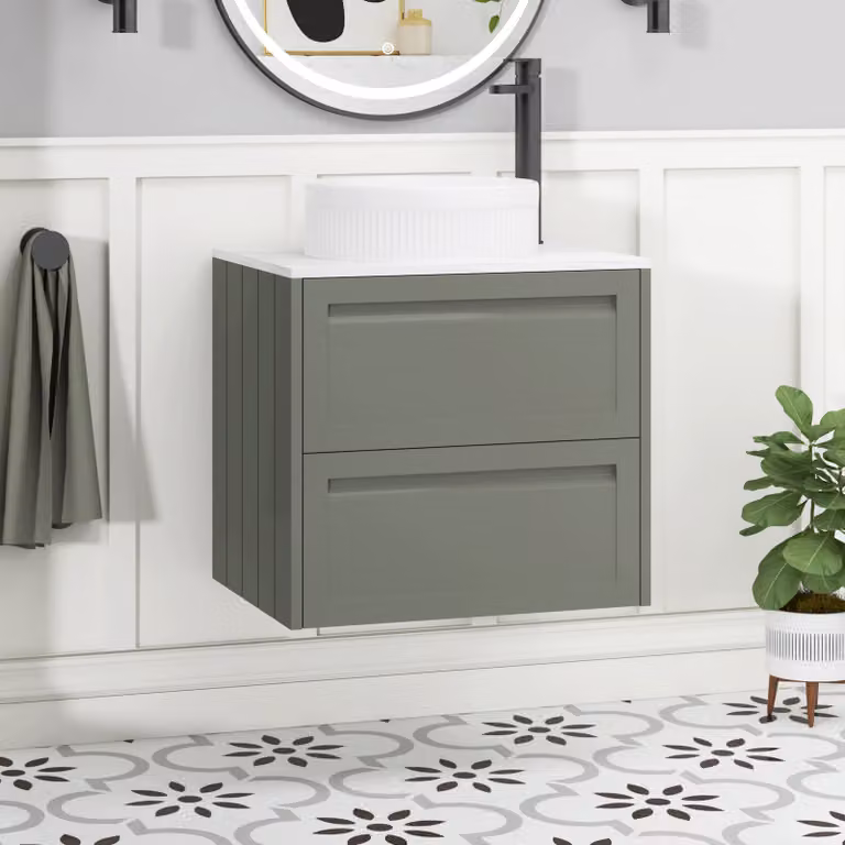 Royal Bathrooms Elmore Matt Green Wall Hung Vanity Unit with 2 Drawers and White Round Basin, Width: 60 cm