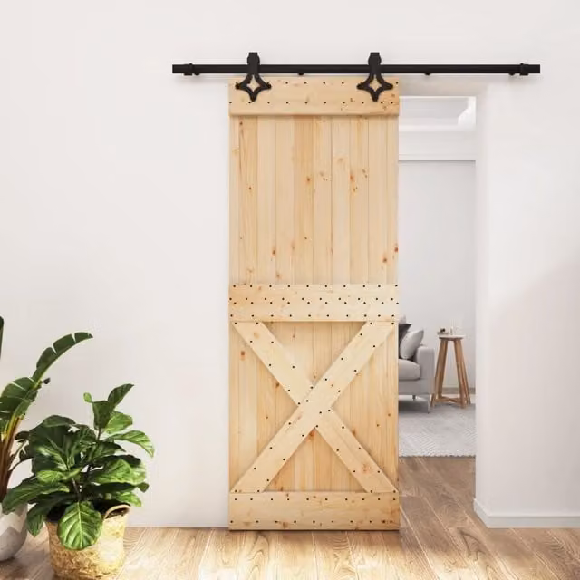 Berkfield Home Rustic Solid Wood Pine Sliding Door with Hardware Set, Brown, W: 80 cm, H: 210 cm