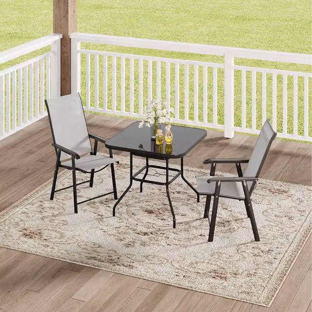 Komore Black Glossy Square Tempered Glass Garden Table and Three Foldable Chairs Set