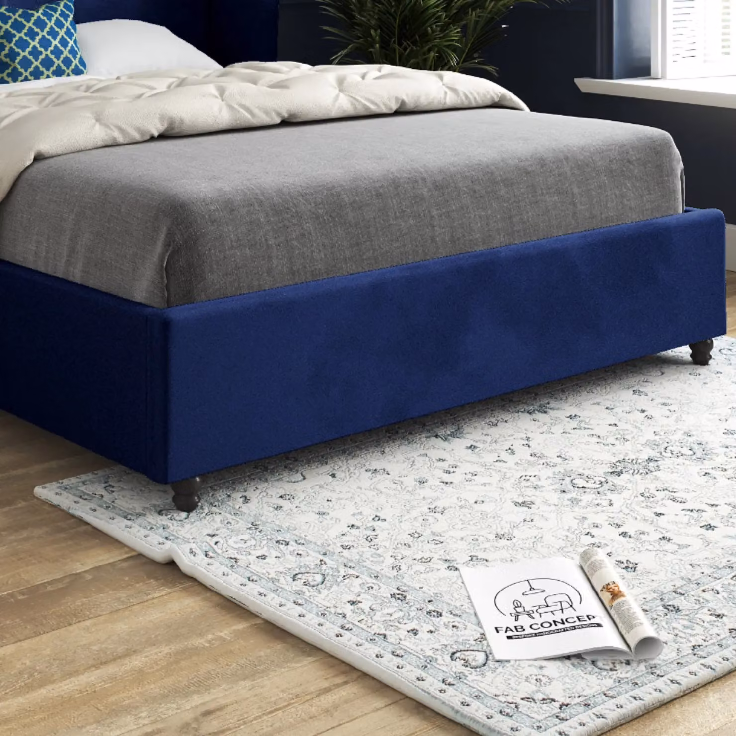 KDMD Zampa Curved Top Winged Upholstered Soft Velvet Blue Bed Frame, W/D/H: 137 x 120 x 83 cm – 3