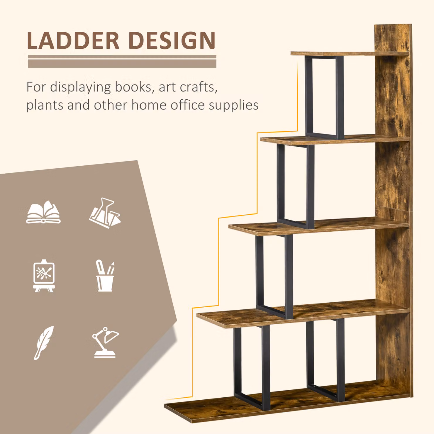 HOMCOM 5-Tier Wooden Ladder Bookshelf Display Stand in Rustic Brown – 4
