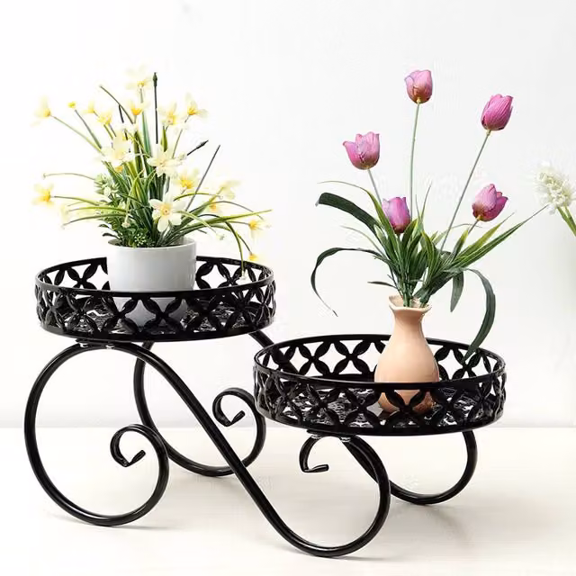 Living and Home 2-Tier Metal Plant Display Stand in Matt Black for Indoor and Outdoor Use – 1
