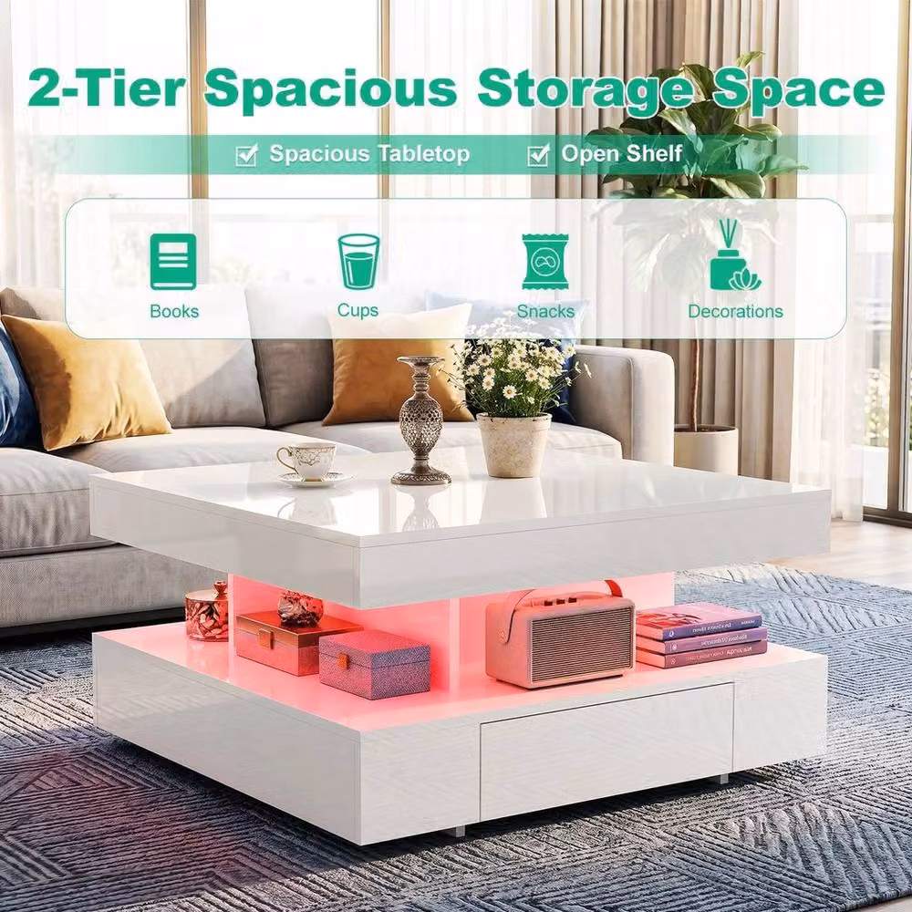 KORVIXA Modern High Gloss LED Coffee Table with 2 Drawers, White, W/D/H: 100 x 100 x 45 cm – 4