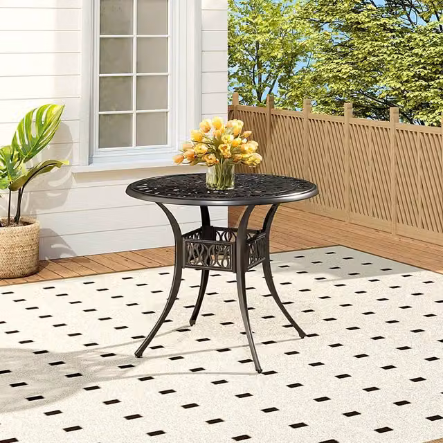 Livingandhome Vintage Matt Black Metal Patio Garden Table with Umbrella Hole