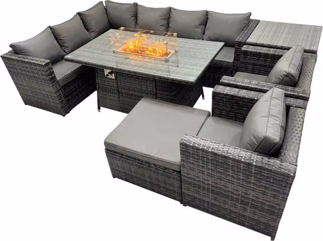 Fimous 9-Seater Rattan Garden Dining Set with Gas Firepit Table and Corner Sofa in Dark Grey Mixed