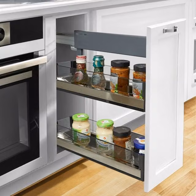 Komore 2-Tier Black Metal and Glass Pull Out Kitchen Cabinet Shelf Insert W/D/H: 15 x 15 x 15 cm