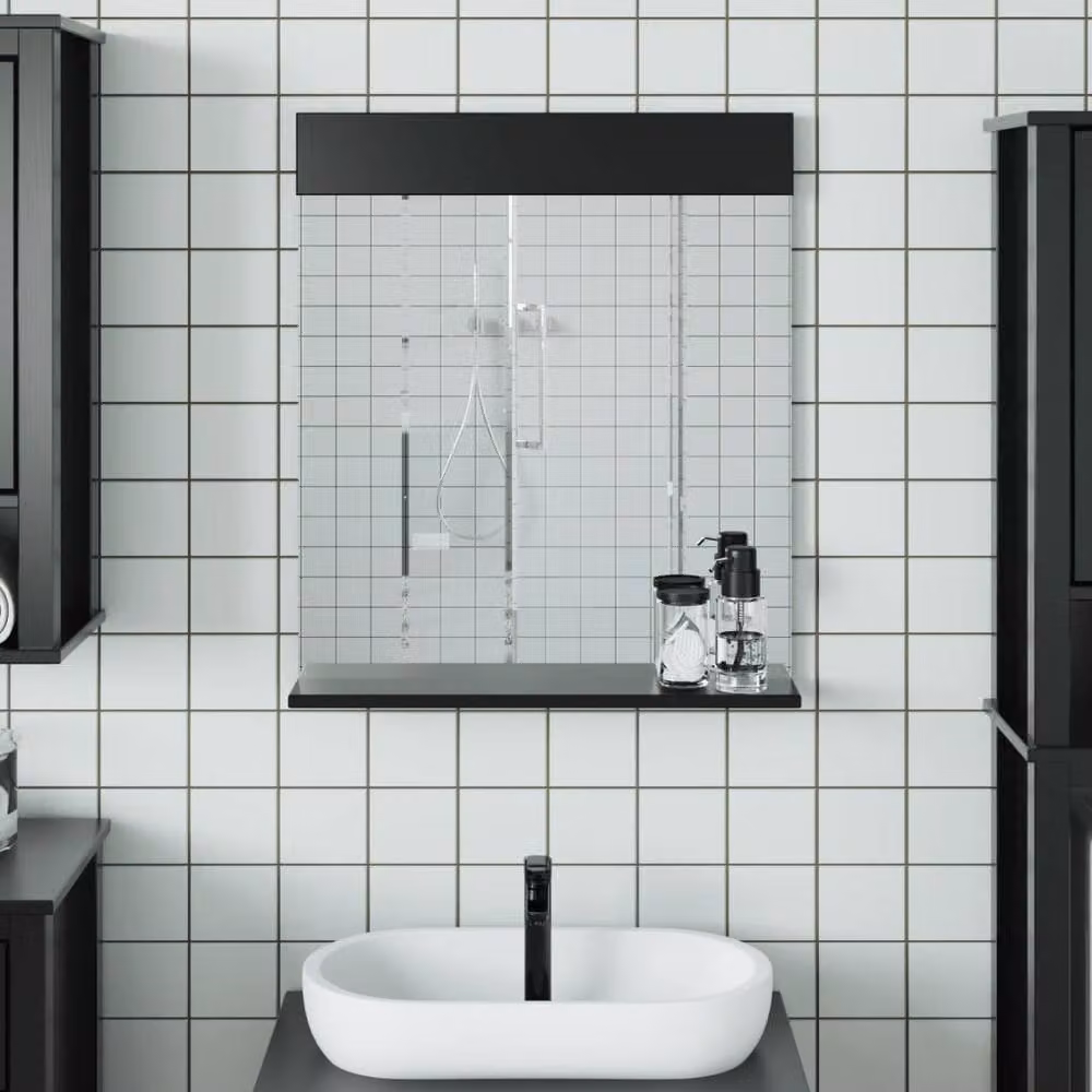 Berkfield Home BERG Black Bathroom Mirror with Shelf in Solid Pine Wood, W/D/H: 60 x 12 x 70 cm – 2