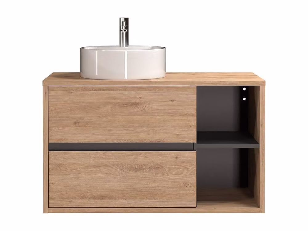 Vente-unique Modern Wall-Mounted Bathroom Vanity with Round Basin in Light Oak, W/D/H: 100 x 45.5 x 59.8 cm – 2