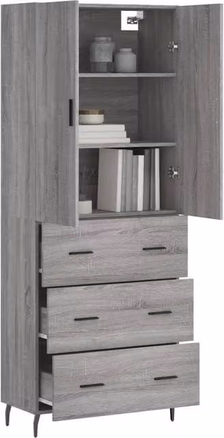Berkfield Home Grey Sonoma Highboard with Hinged Doors and Internal Shelves, W/D/H: 69.5 x 34 x 180 cm – 1
