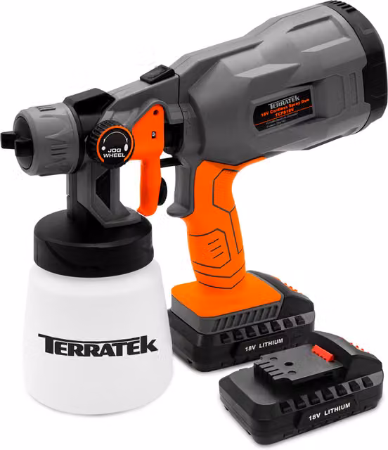 Terratek 18V Cordless HVLP Electric Spray Gun in Orange with Adjustable Spray Pattern for Wall Paint, Lacquer, Wood Stain and Varnish, Length: 30 cm