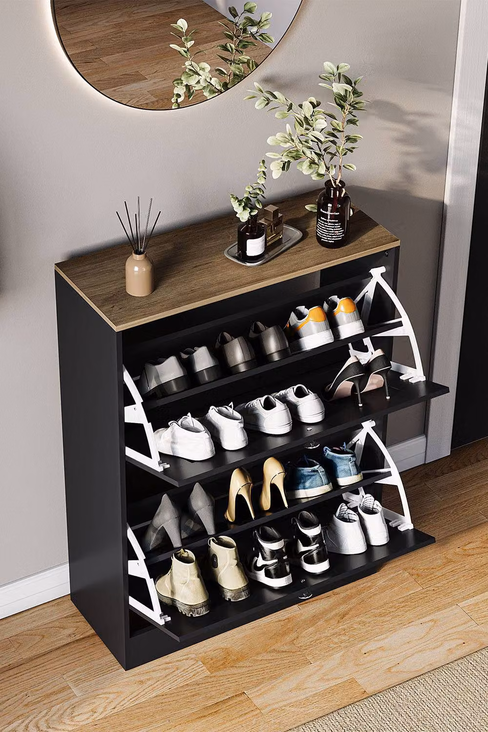 HD Designs Modern Black 2 Drawer Flip Down Shoe Cabinet with Tilting Compartments and Internal Shelves – 5
