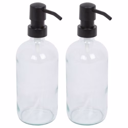 Harbour Housewares Pack of 2 Refillable Clear Glass Soap Dispensers with Black Pumps, 500ml each