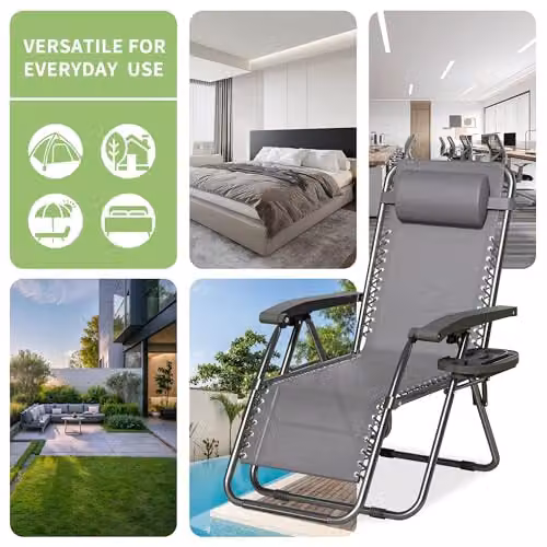 MCC Direct Set of 2 Zero Gravity Reclining Sun Loungers with Textilene Fabric, Cup Holders and Adjustable Headrests in Black and Grey – 6