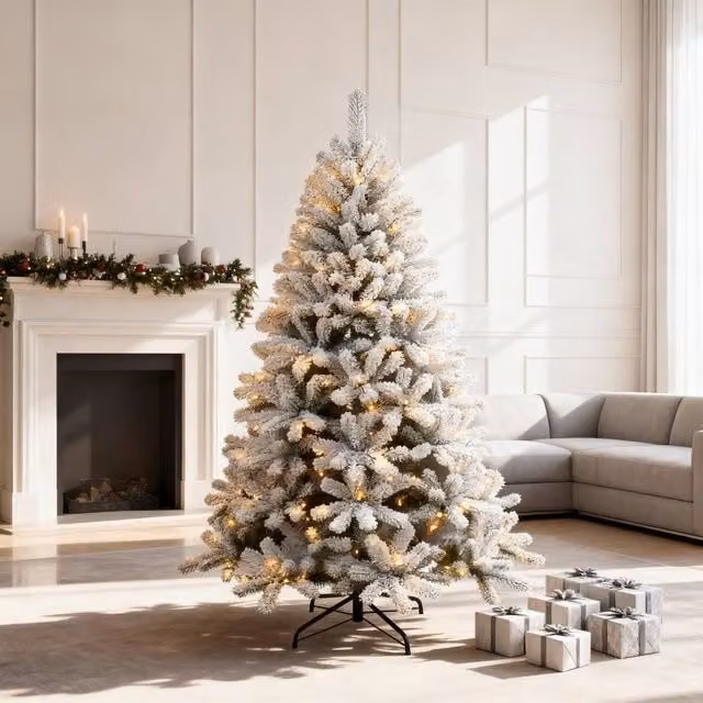 Shatchi 4ft Pre-Lit Yukon Snow Pine Christmas Tree with Warm White LEDs in Green and White