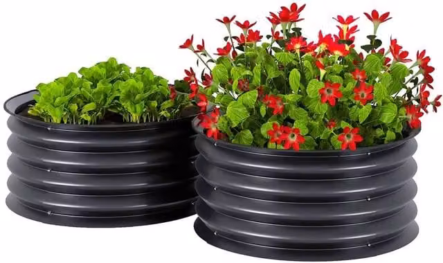 VOGREX Set of 2 Black Galvanised Steel Raised Garden Bed Metal Planter Boxes with Safety Edging