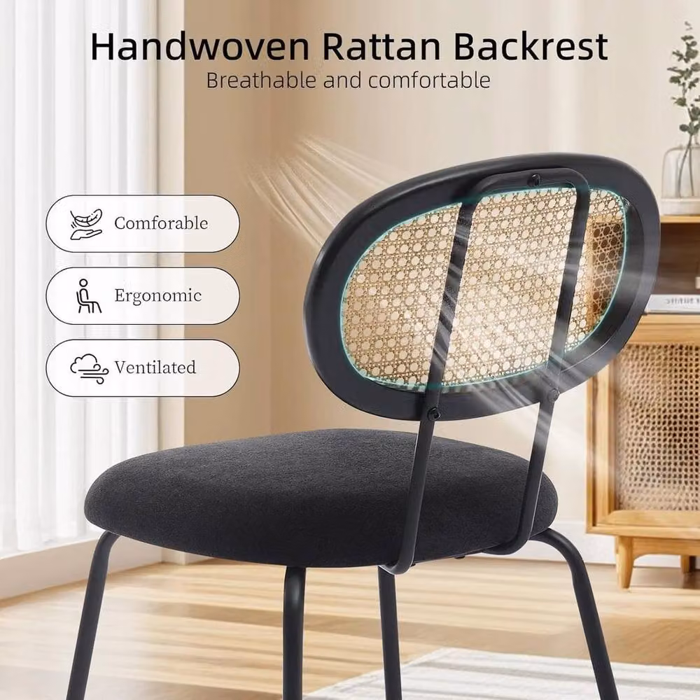 VOGREX Set of 2 Mid-Century Dining Chairs with Rattan and Fabric in Black – 3