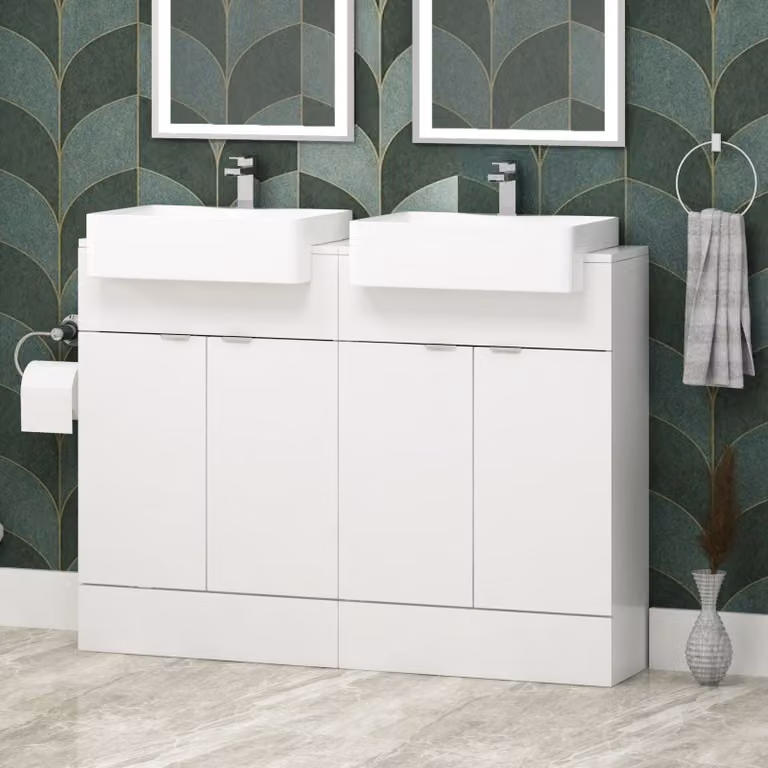 Royal Bathrooms Elena 1200mm Floor Standing Vanity Sink Unit with Semi Recessed Double Basin, 4 Doors, White and Grey Multi Colour