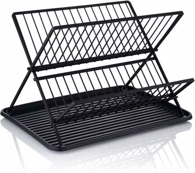 Swans Stealth Collapsible Metal Dish Rack with Drip Tray, Black