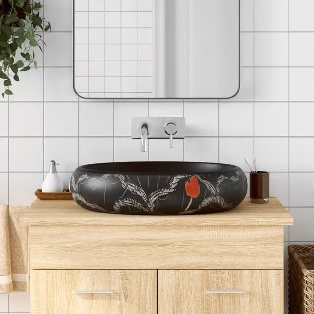 Berkfield Home Black Oval Ceramic Countertop Basin W: 59 cm, D: 40 cm, H: 15 cm
