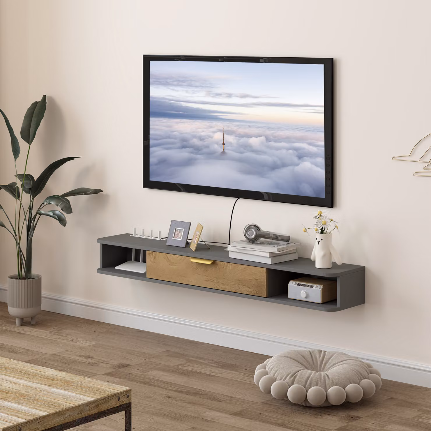 HOMCOM Modern Floating TV Stand with Storage in Charcoal Grey, 140 cm – 2