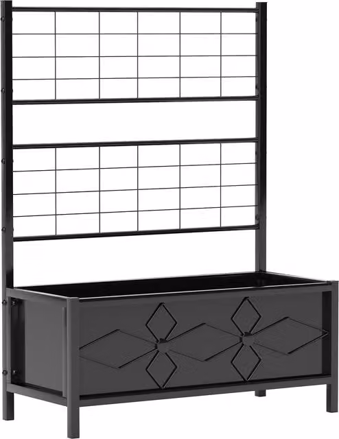 Outsunny Raised Garden Bed with Trellis and Diamond Pattern Galvanised Steel Planter Box, Black, W: 90 cm, D: 40 cm, H: 120 cm