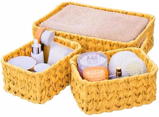 KORVIXA Set of 3 Decorative Open Weave Wicker Baskets in Brown and Sand, Diameter: 90 cm