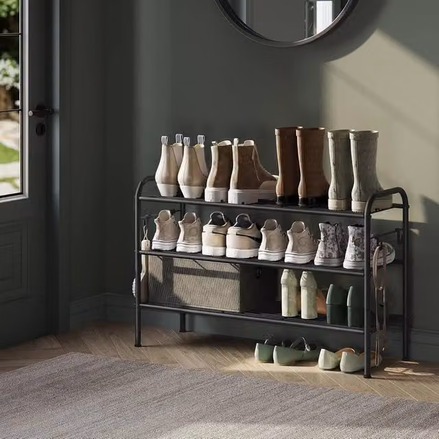 The Bazaarist 3 Tier Metal Shoe Rack with Adjustable Shelves in Matt Black