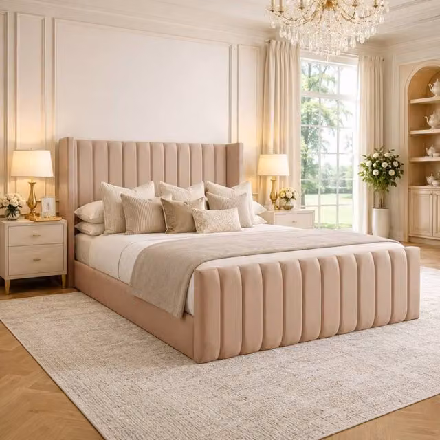 Desire Deco Plush Velvet Wingback Edward Panel Bed Frame in Beige, Small Double