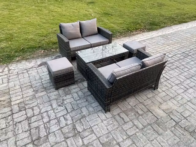 Fimous 5 Piece Poly Rattan Garden Furniture Set with Loveseat, Table and 2 Footstools in Dark Grey