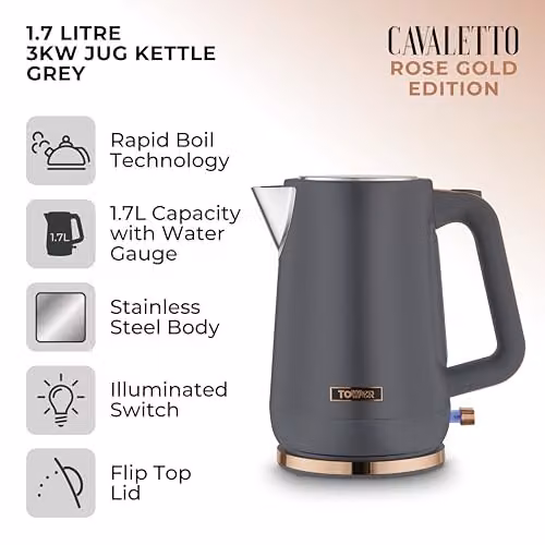 Tower Cavaletto 1.7L Jug Kettle in Grey and Rose Gold with 3kW Rapid Boil and Limescale Filter – 5