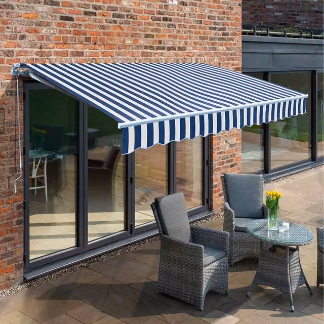 Primrose Manual Retractable Wall-Mounted Awning with Aluminium Frame, Blue and White, W: 300 cm x D: 250 cm