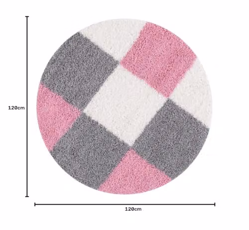 THE RUGS Modern Checked Shaggy Round Area Rug, Pink and Grey, Diameter: 120 cm – 2