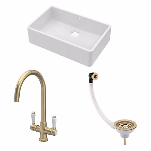 Balterley White Ceramic Butler Sink with Mono Lever Mixer Tap and Waste, Single Bowl Apron Front Design, White and Gold