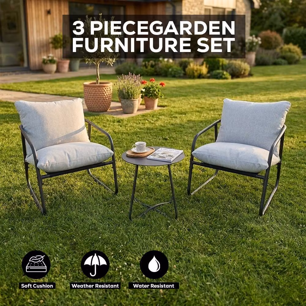 Alivio 3-Piece Outdoor Patio Bistro Set with Cushioned Lounge Chairs and Round Iron Side Table in Grey – 2
