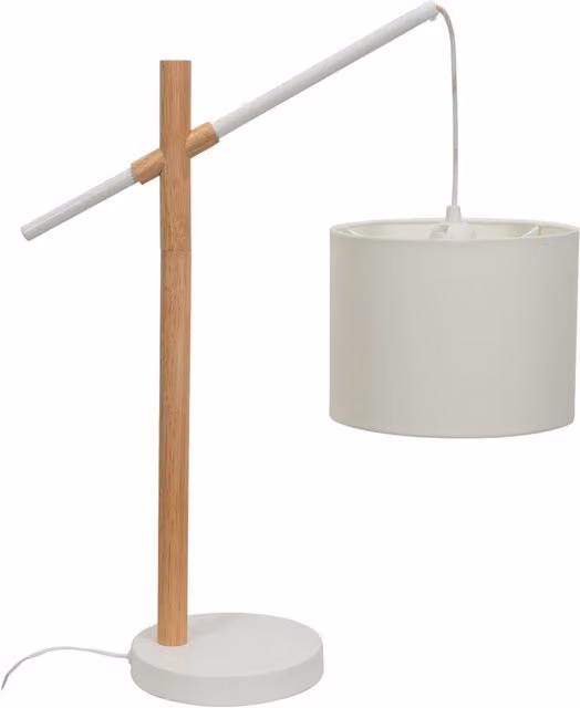 Adrianna Wooden Hanging Table Lamp with White Fabric Drum Shade and Bulb, White