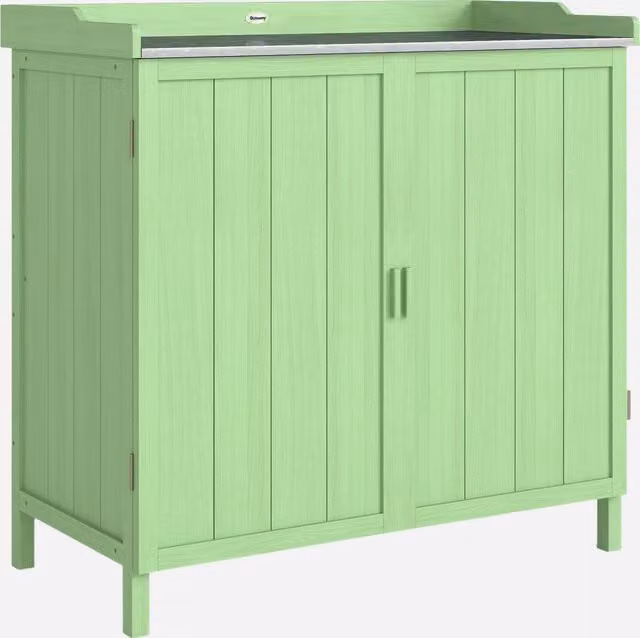 Outsunny Green Wood Garden Storage Cabinet and Potting Bench with Galvanised Steel Top and Internal Shelves – 1