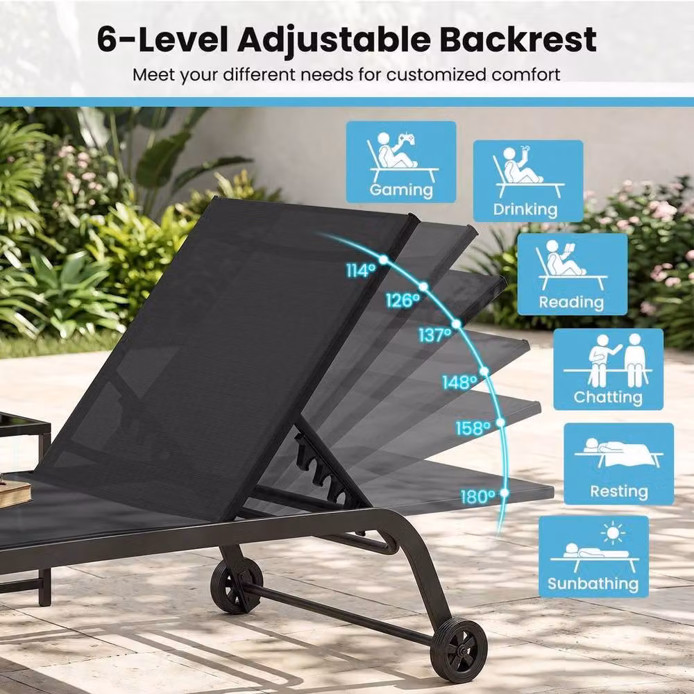 KORVIXA 2 Pack Outdoor Chaise Lounge Chairs in Black with Wheels – 4